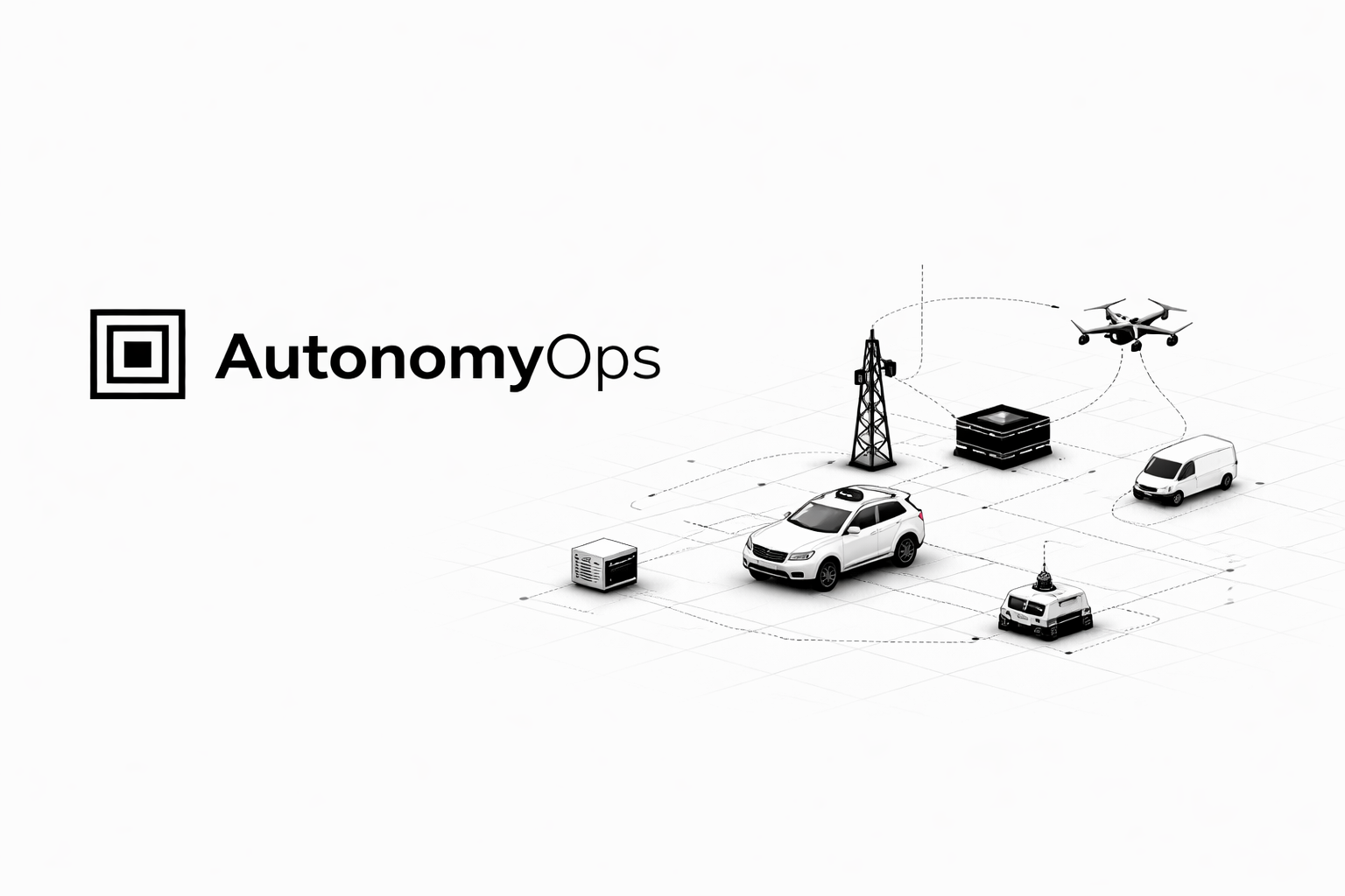 AutonomyOps network illustration showing distributed autonomous systems coordinated across edge nodes and relay links.