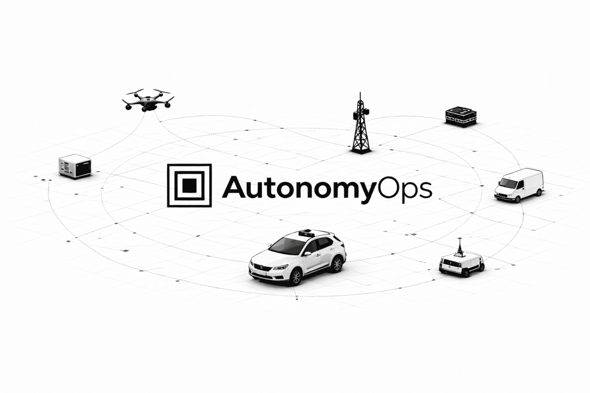 Wide network illustration showing drones, vehicles, edge nodes, and relay infrastructure in a distributed system topology.